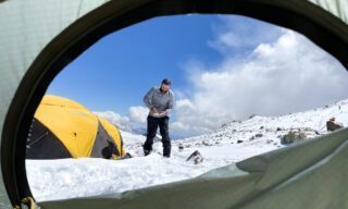Jean Louis Moukarzel at Camp 2, Nido de Cóndores, after a snowstorm during the Aconcagua Expedition.