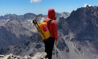 Nada Abanda looking out at the mountains above Camp 1, Plaza Canadá, during the Aconcagua Expedition.