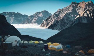 View of Base Camp, Plaza de Mulas, nestled in the Andes during the Aconcagua Expedition.