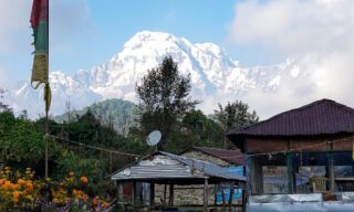 Annapurna South seen from Australia Camp on the first day of trekking during the Mardi Himal Base Camp trek with Life Happens Outdoors