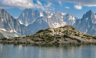 Lac Blanc with the peaks of the Mont Blanc Massif in the background during the Chamonix Valley Treks, the Best Day Hikes Around Mont Blanc with the Life Happens Outdoors team.