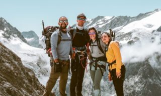IFMGA guide Gregoire Sauget with the team just before climbing onto the Otemma Glacier during the Chamonix to Zermatt Haute Route Expedition with the Life Happens Outdoors team.