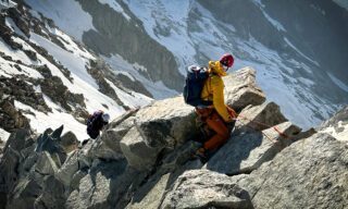 Ridge and rock training on the Aiguille Marbrées during the Mont Blanc Summit Climb course with the Life Happens Outdoors team.