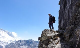 LHO Team Leader Hazem Alshamy leading the team up to high camp from Lobuche tea house, with the towering Mount Everest in the background.