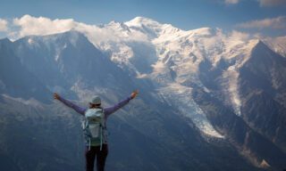 The view of Mont Blanc and the Bossons Glacier from Col de Balme on the Swiss-French border during the Chamonix Valley Treks, the Best Day Hikes Around Mont Blanc with the Life Happens Outdoors team.