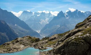 Lac Blanc with the peaks of the Mont Blanc Massif in the background during the Chamonix Valley Treks, the Best Day Hikes Around Mont Blanc with the Life Happens Outdoors team.