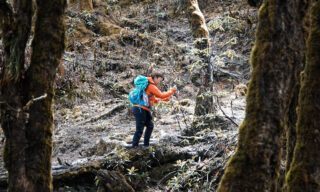 Life Happens Outdoors adventurers walking through a forested mountain pass en route to a remote monastery during a Bhutan adventure tour
