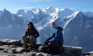 LHO guide Gregoire Sauget and Team Leader Ghida Arnaout at the top of Brévent, the starting point of our Tour du Mont Blanc (TMB) with the Life Happens Outdoors team.