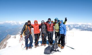 The summit of Mont Blanc (4,810m) during the Mont Blanc Summit Climb course with the Life Happens Outdoors team.