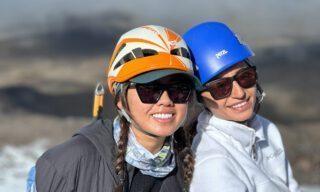 LHOers Becca from the U.S. and Afaf from Abu Dhabi at Chimborazo Base Camp during the Climb Cotopaxi & Climb Chimborazo Expedition.