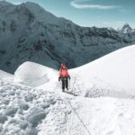 LHO climbers traversing the wavy glaciers of Island Peak under clear skies with panoramic views of the surrounding Himalayas.