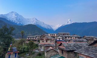 Sunrise over the heritage village of Ghandruk on the first day of adventure trekking in Nepal with Life Happens Outdoors