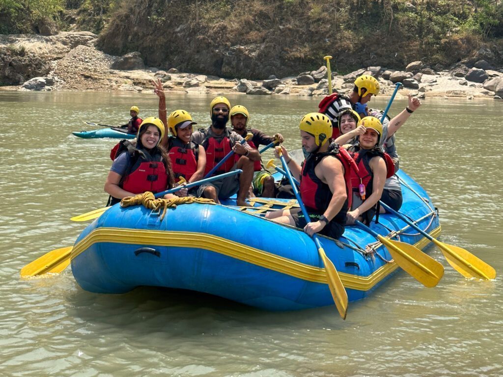 Life Happens Outdoors adventurers rafting on the first day of their Nepal adventure trip
