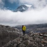 The Life Happens Outdoors team trekking on the moraine of the Khumbu Glacier between Lobuche and Everest Base Camp during the Everest Base Camp Trek.