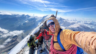 IFMGA guide and Piolet d'Or winner Fred Degoulet on the summit of the Matterhorn with Jean Louis Moukarzel during the Climb Matterhorn Course with the Life Happens Outdoors team.