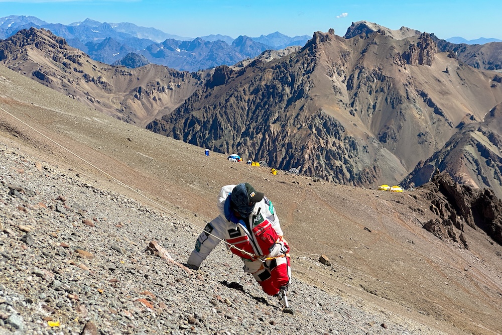 Image from the Aconcagua Expedition featuring Hari Budha Magar, the first double over-the-knee amputee to climb Everest, as he takes on the challenging ascent of South America's highest peak.
