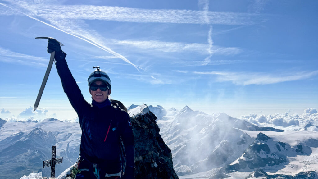 LHOer Hannah Piercy on the summit of the Matterhorn during the Climb Matterhorn Course with the Life Happens Outdoors team.