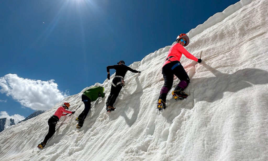Training on the Glacier du Géant during the Mont Blanc Summit Climb course with the Life Happens Outdoors team.