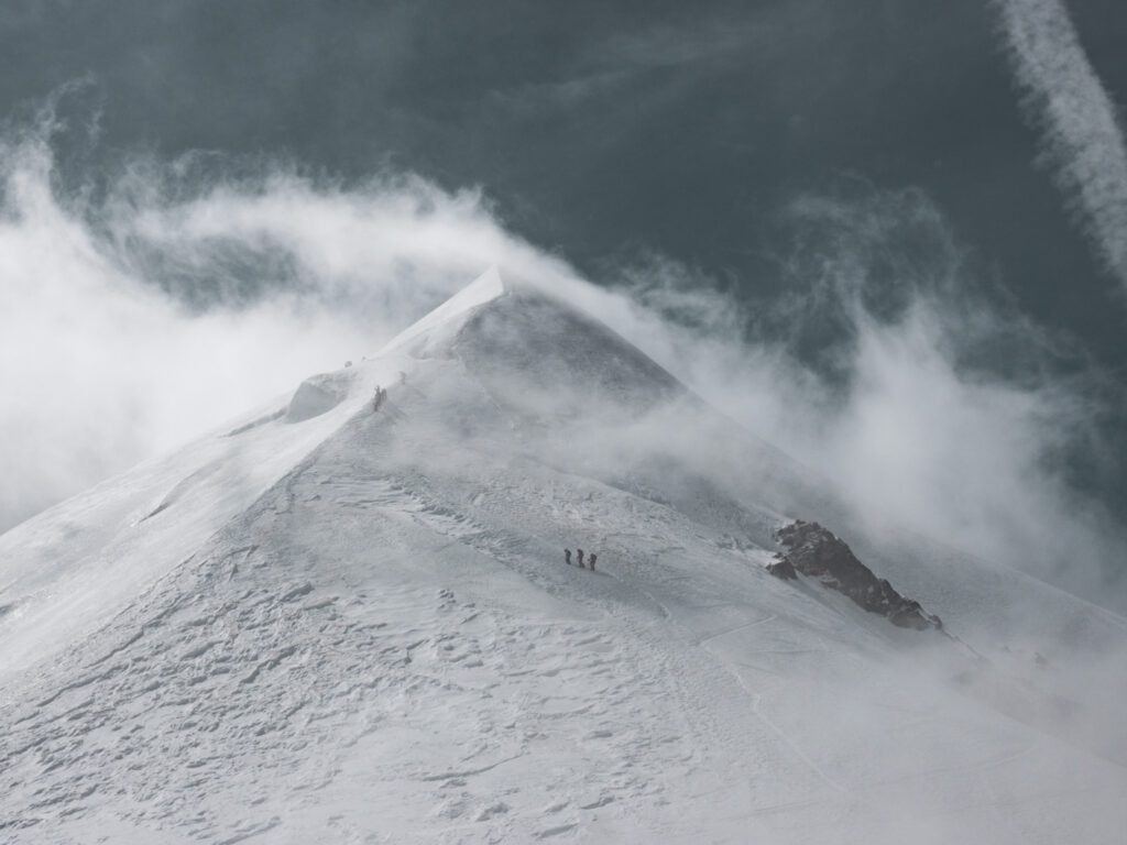 The first mogul just above the Vallot Hut during the Mont Blanc Summit Climb course with the Life Happens Outdoors team.