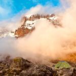 The summit of Kilimanjaro as seen from Barranco Camp on the Machame Route during the Climb Kilimanjaro Expedition with the Life Happens Outdoors team.