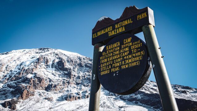 The snow-covered Kibo Crater summit of Kilimanjaro as seen in the morning from Karanga Camp during the Climb Kilimanjaro Expedition with the Life Happens Outdoors team.