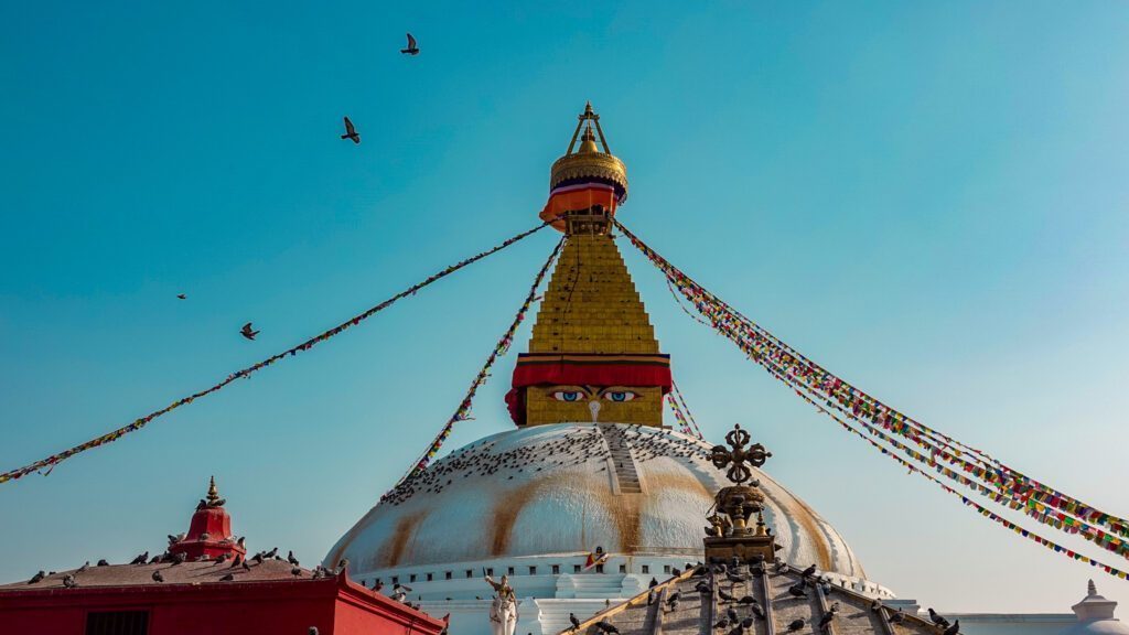 The famous Boudhanath Stupa in Kathmandu, visited as part of our city tour on the first day of the Everest Base Camp Trek with the Life Happens Outdoors team.