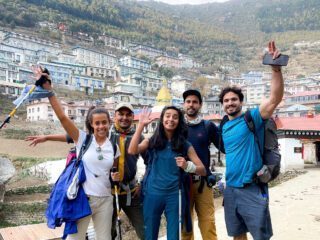 The Life Happens Outdoors team, including Team Leader Hazem El Shamy, LHOers Melissa Jeffries and Zeid Shair, at Namche Bazaar on the way up to Everest Base Camp and the Lobuche East Expedition with the Life Happens Outdoors team.