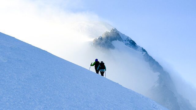 LHO climber Fatima Sajwani on the second mogul during her ascent to become the first Emirati woman to climb Mont Blanc, as part of the Mont Blanc Summit Climb course with the Life Happens Outdoors team.