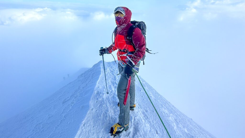 LHO climber Mariz Doss on the summit ridge of Mont Blanc during the Mont Blanc Summit Climb course with the Life Happens Outdoors team.