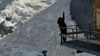 Nelly Attar at the Mittellegi Hut before climbing the Eiger with LHO IFMGA guide François Xavier during the Climb the Eiger Course with the Life Happens Outdoors team.