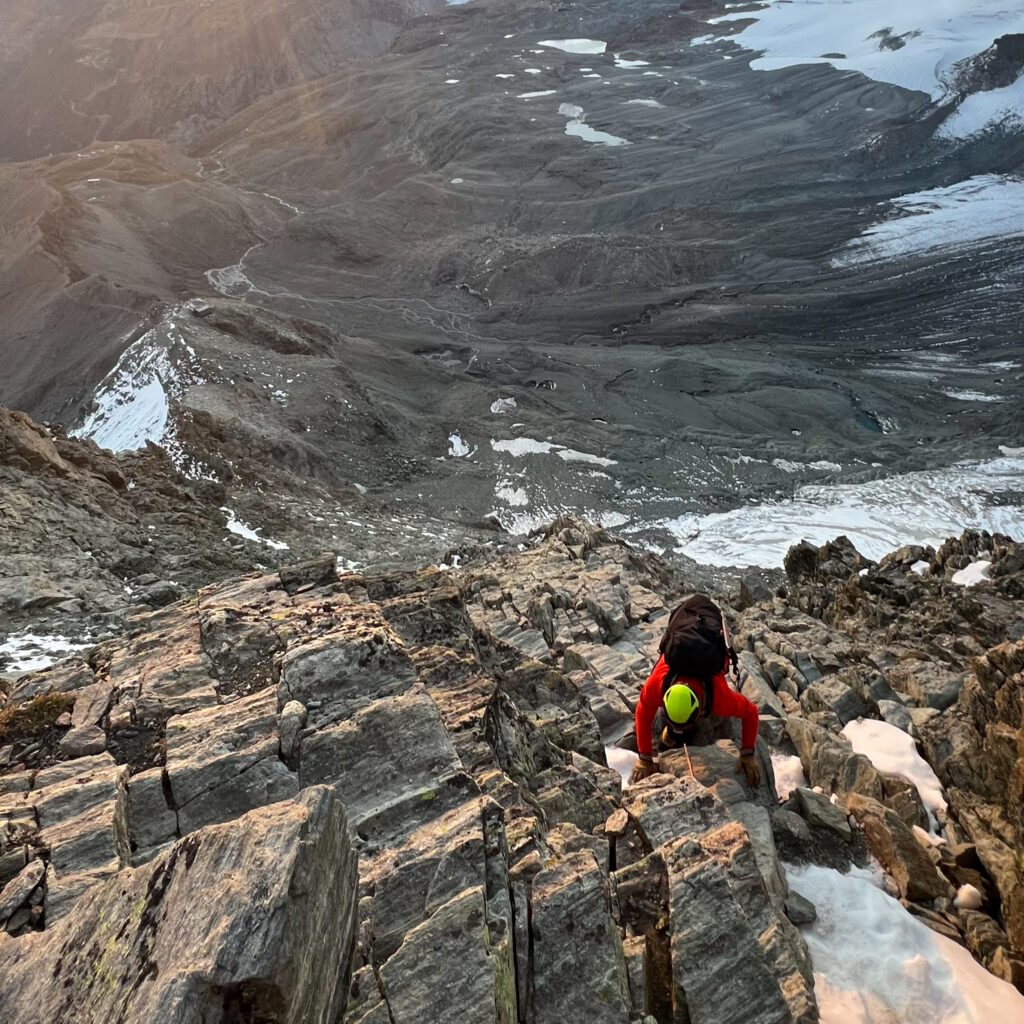 Jean Louis Moukarzel on the Matterhorn at sunrise, approaching the Solvay Hut during the Matterhorn Course with the Life Happens Outdoors team.