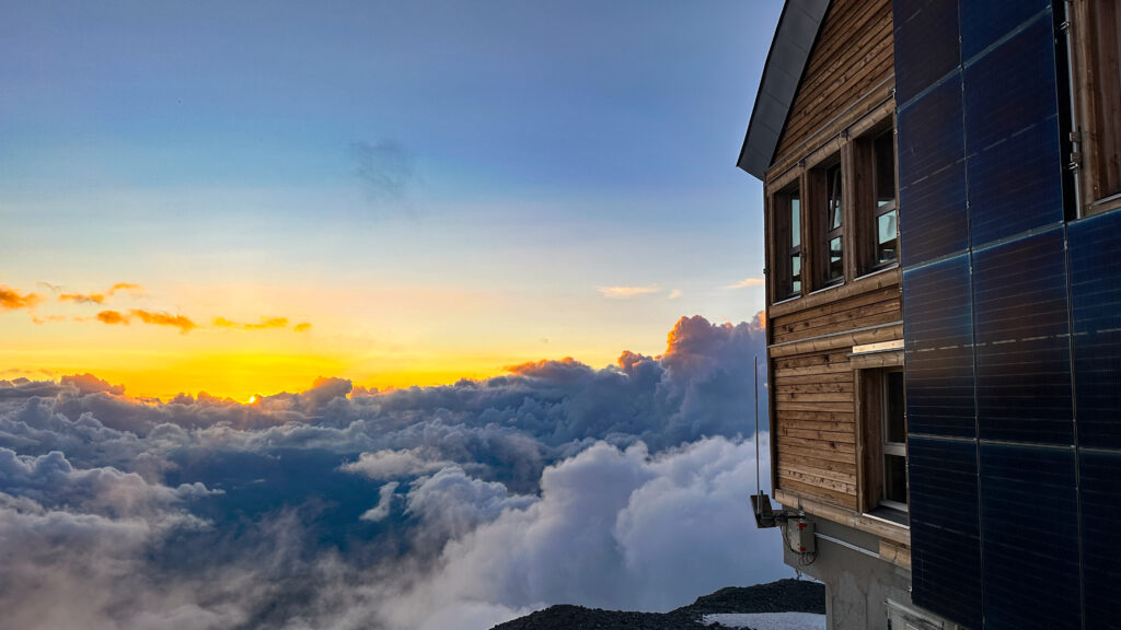 Incredible sunset from the Tête Rousse Hut during the Mont Blanc Summit Course with the Life Happens Outdoors team.