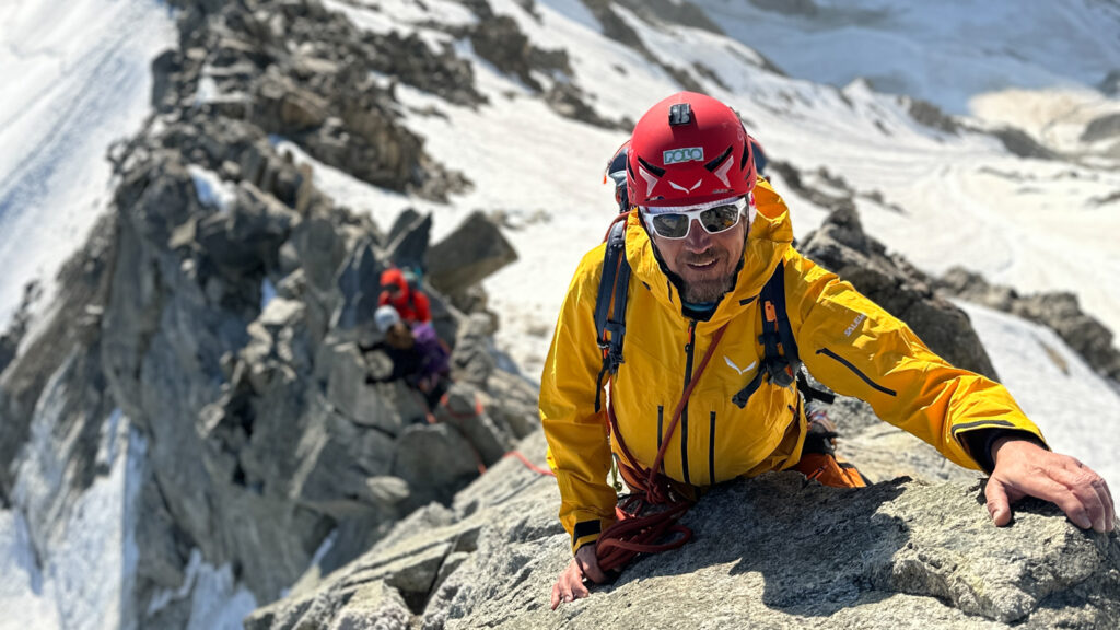LHO Guide Pavlos Tsiantos on the Marbrées Traverse during training for the Mont Blanc Summit Course with the Life Happens Outdoors team.