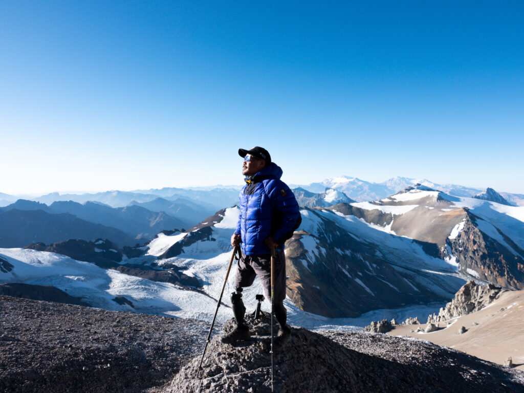 Hari Budha Magar, the first double over-the-knee amputee to climb Everest, at Camp 2, Nido de Cóndores, during his successful Aconcagua Expedition with the Life Happens Outdoors team.