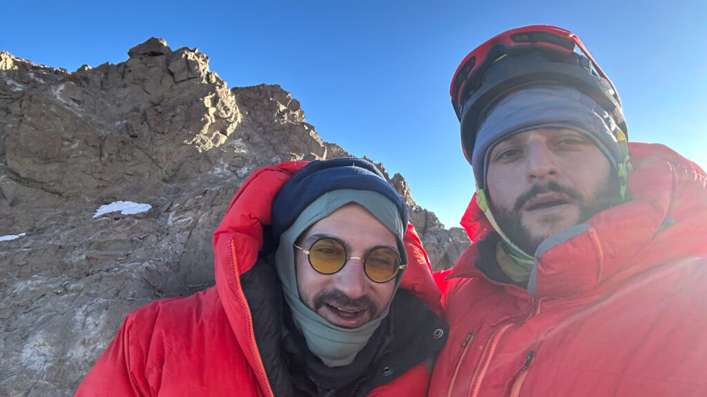 Frederik Sfeir and Khalil Chehab taking a selfie at Plaza Independencia, the highest point Fred reached before having to turn around. This picture was taken at sunrise during the Aconcagua Expedition with the Life Happens Outdoors team.