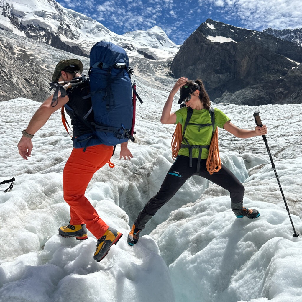 "LHO guide Lucia Guichot Martin on the Monte Rosa Glacier with LHOer Roberto David during the Mont Blanc Summit Climb course with the Life Happens Outdoors team.