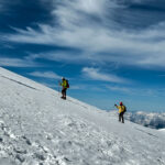 Three Life Happens Outdoors climbers led by guide Babis Marinidis ascending the face of the Dome du Gouter on the classic Mont Blanc climb route