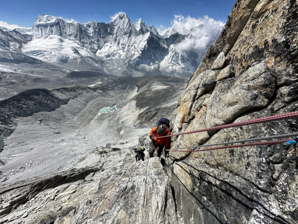 LHO climber Tony Aoun ascending the Yellow Tower on Ama Dablam beneath Camp 2 during the Ama Dablam: The Mother of Mountains expedition with Life Happens Outdoors.
