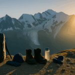 Camping and hiking gear including a backpack, gloves, beanie, trekking boots, water bottle, and socks laid out on a rocky slope at sunrise, with Mont Blanc and snow-covered peaks glowing in the background.
