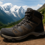 Close-up of a rugged hiking boot on a dirt trail in the Alps, with the snow-capped Mont Blanc massif in the background—ideal terrain for the Tour du Mont Blanc hike.