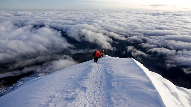 Life Happens Outdoors team climbing the ridge of Cotopaxi at sunrise with a glowing horizon above and a sea of clouds stretching across the valleys below
