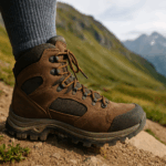 Close-up of a hiking boot on a rugged mountain trail with scenic alpine peaks in the background, symbolizing proper boot fit for trekking adventures like the Tour du Mont Blanc or climbing Kilimanjaro.
