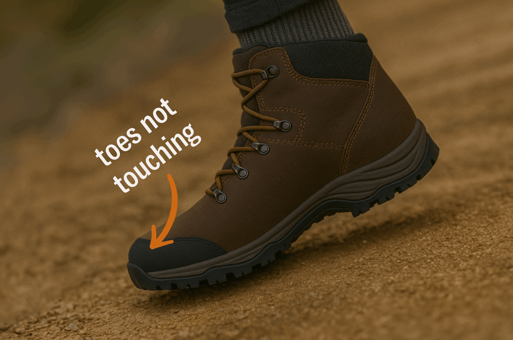 Close-up of a hiking boot pointing downhill on angled terrain, highlighting proper fit where toes stay clear of the front of the boot during steep descents.