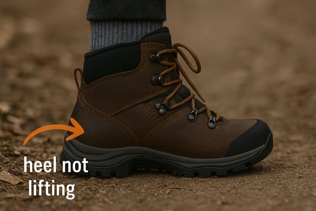 Close-up of a hiking boot with the toes planted and heel lifted, demonstrating proper fit where the heel stays secure inside the boot to prevent blisters while hiking rugged terrain.