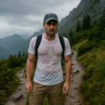 Hiker wearing a soaked cotton t-shirt on a misty mountain trail, showing why cotton is bad for hiking and the importance of moisture wicking fabrics for staying dry and safe.