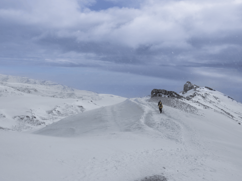 Life Happens Outdoors community members descending from the summit of Mount Kilimanjaro in snowy conditions after summit night.