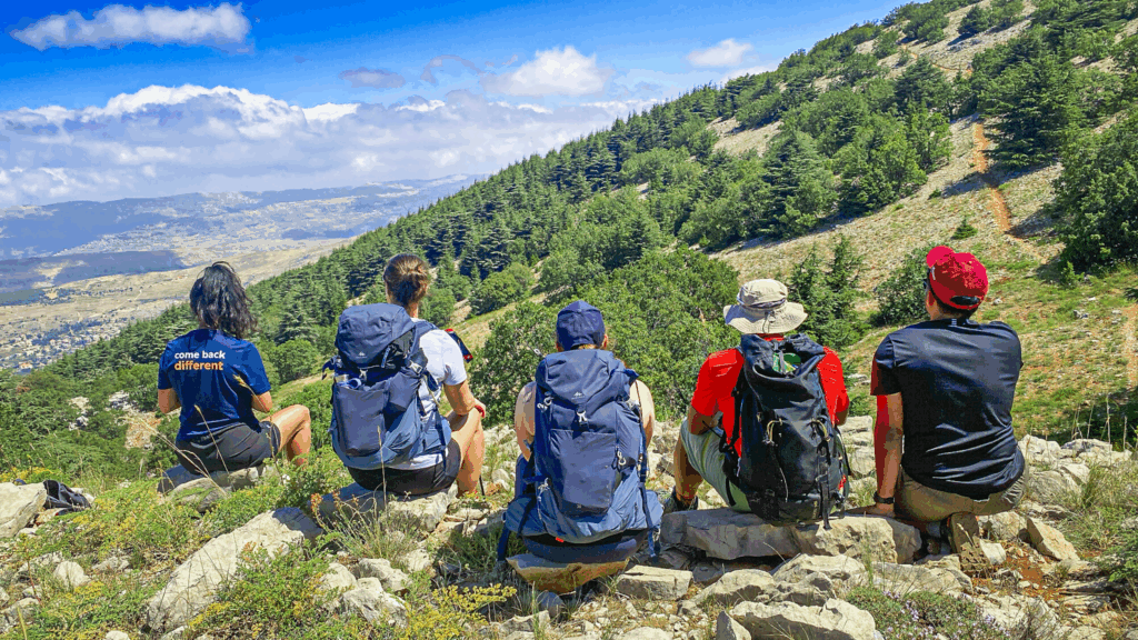 Life Happens Outdoors trekkers pausing to take in the cedar forests of Lebanon, reflecting community, belonging, and nature connection.