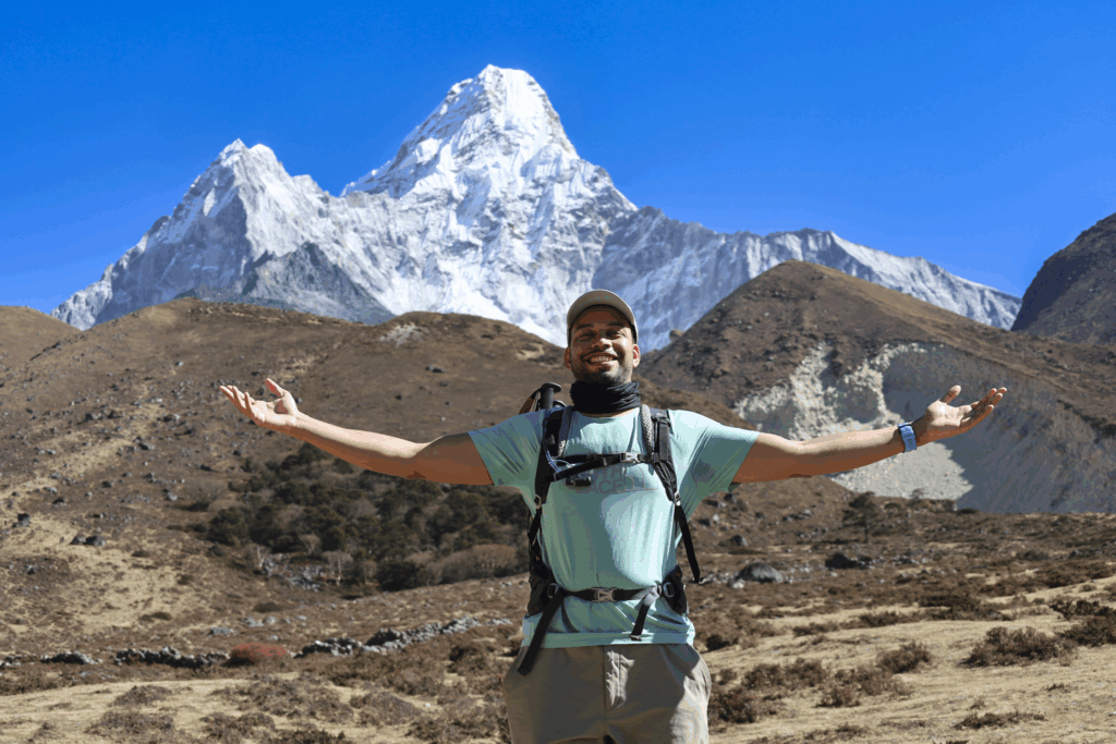 Life Happens Outdoors trekker standing in front of Ama Dablam on the Everest Base Camp Trek