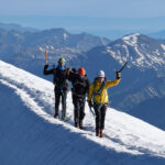 Life Happens Outdoors community members arriving at the Goûter Hut, traversing the Goûter Ridge on Mont Blanc.