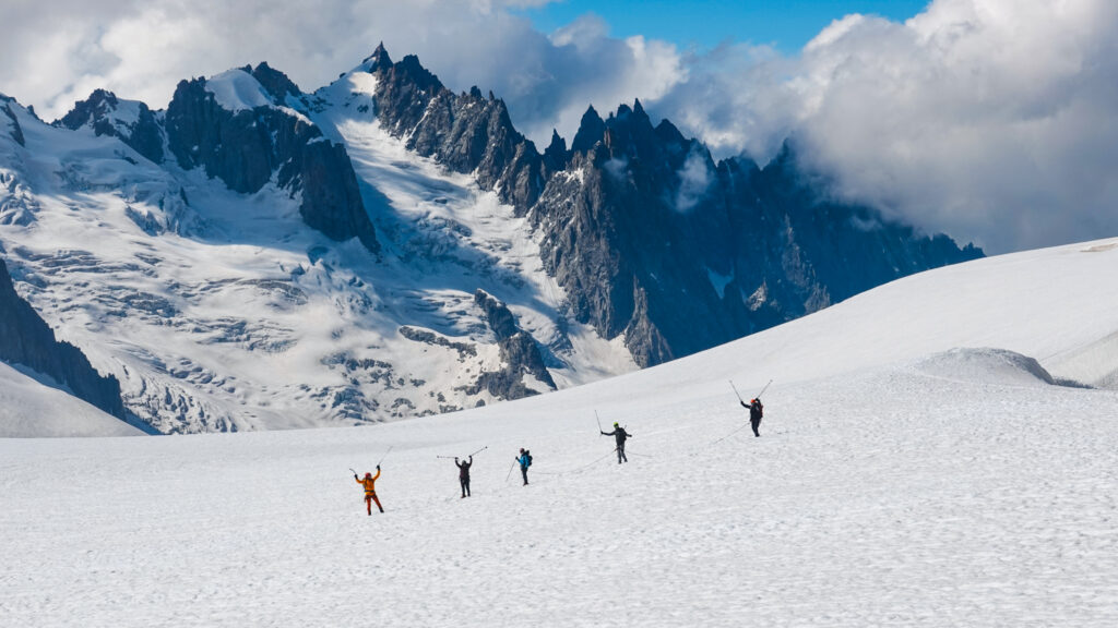 Life Happens Outdoors community members crossing the Vallée Blanche glacier on their first day of mountaineering.